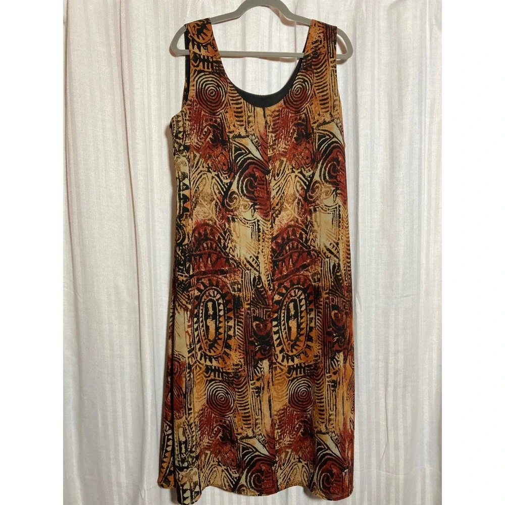 Abstract Tribal Print Sleeveless Midi Shift Dress Rust Gold Black Avenue Womens